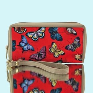 Anuschka Wanderlust Wallet Wristlet Red Multi Butterflies Leather Trim Vacation
